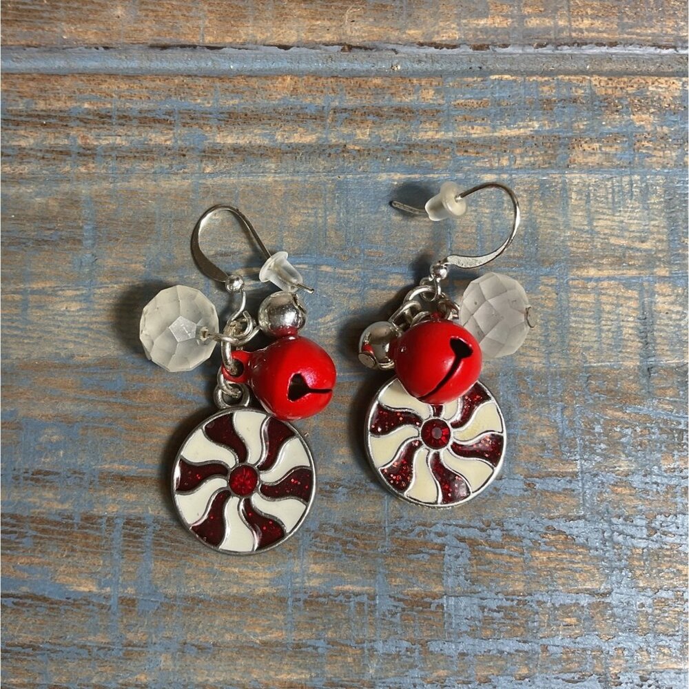 Peppermint Candy Swirl Dangle Earrings With Red Bells & Crystal Beads